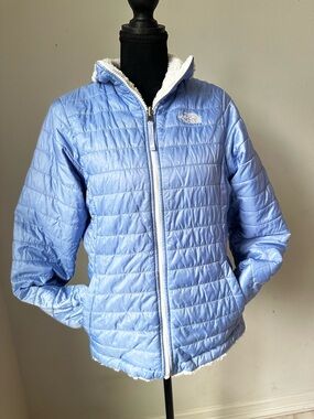 The North Face Light Blue Quilted Sherpa-Lined Hooded Puffer Jacket